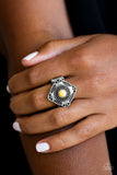 Paparazzi "Four Corners Fashion" Silver Tribal Yellow Crackle Stone Elastic Back Ring