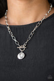 "She Sparkles On" Silver Metal White Round Rhinestone Toggle Clasp Necklace Set