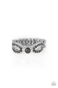 Paparazzi " Extra Side of Elegance " Silver Metal Gray Rhinestone Bow Elastic Back Ring