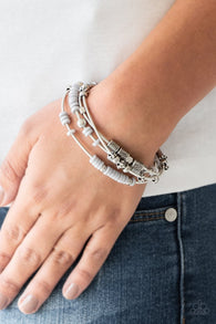 "Tribal Spunk" Silver With Gray Accent Beads Spring Stretch Bracelet Set of 4