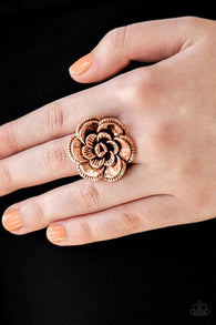 "Flowerbed and Breakfast" Copper Metal Single Flower Floral Elastic Back Ring