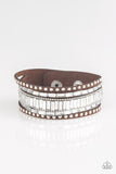 Paparazzi " Rock Star Rocker " Brown LEATHER & White/Clear Rhinestone Snap Bracelet