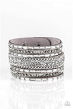 "Rhinestone Rumble" Gray Clear & Hematite LEATHER Snap Band Bracelet