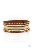 Paparazzi " Seize the Sass " Brown LEATHER & Brass Studs and Chains Snap Bracelet