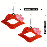 Sexy Acrylic RED Glitter Lipstick Lips with PINK Double Heart Accent Pair of Earrings