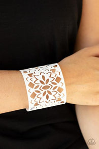 " Hacienda Hotspot " White Floral Stenciled Design Cuff Bracelet