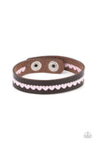 "Made With Love" Brown LEATHER & Pink Embroider Heart Snap Bracelet