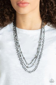 Paparazzi " Metro Mixer " Gunmetal & White/Clear Rhinestone Multi Layer Necklace Set