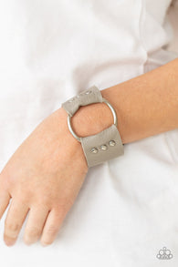 "Moto Mayhem" Gray & Black LEATHER & Silver Ring Snap Bracelet