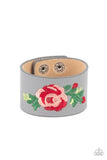 "Rebel Rose" Gray Leather Floral Embroidered Red Rose Snap Bracelet