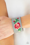 "Rebel Rose" Gray Leather Floral Embroidered Red Rose Snap Bracelet