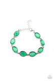 " Smooth Move " Silver Metal & Oval Faceted Green Gems Clasp Bracelet