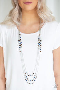 "Seasonal Sensation" Silver Metal Blue & Wooden Beaded Layered Necklace Set