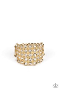 Paparazzi " Million Dollar  Maquerade " Gold White/Clear Rhinestone Elastic Back Ring