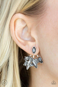 Paparazzi " Deco Dynamite " Silver Metal Smoky Gray Rhinestone Ear Jacket Earrings