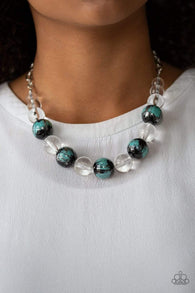 "Torrid Tide" Silver Metal Beads & Large Clear & Black/Blue Necklace Set