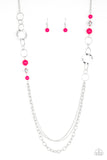 "Modern Motley" Silver Metal & Pink Bead Long Necklace Set