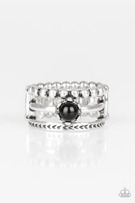 Paparazzi " POP Rival " Silver metal Shiny Black Stone Stacked Look Elastic Back Ring