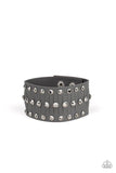 "Now Taking the Stage" Gray LEATHER & Hematite Rhinestone Studded Snap Bracelet