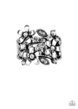 Paparazzi "Gardenia Gleam" Silver White Rhinestone Flower Cluster Floral Elastic Back Ring