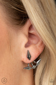 Paparazzi " Metal Origami " Black/Gunmetal Kite Like Design Ear Jacket Earrings