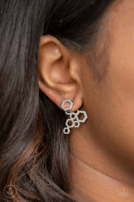 "Six-sided Shimmer" Silver Metal Multi Hexagon Geometric Ear Jacket Earrings