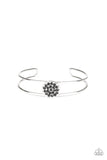 "Dial Up The Dazzle" Silver Metal Round Black Rhinestone Encrusted Cuff Bracelet