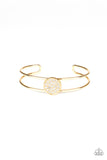 "Dial Up The Dazzle" Gold Metal Round White Rhinestone Encrusted Cuff Bracelet