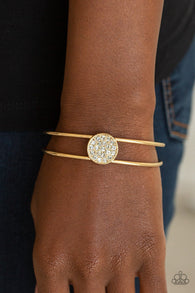 "Dial Up The Dazzle" Gold Metal Round White Rhinestone Encrusted Cuff Bracelet