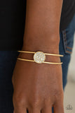 "Dial Up The Dazzle" Gold Metal Round White Rhinestone Encrusted Cuff Bracelet