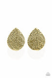"Seasonal Bliss" Brass Paisley Print Leafy Pattered  Teardrop Post Earrings