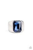 "Scholar" Silver Metal Blue Rhinestone Men's Elastic Back Ring