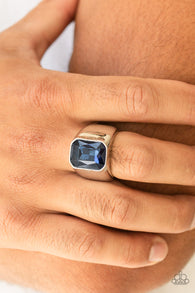 "Scholar" Silver Metal Blue Rhinestone Men's Elastic Back Ring