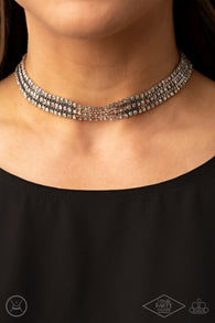 "Full Reign" Silver Metal Iridescent Rhinestone Bling Choker Necklace Set