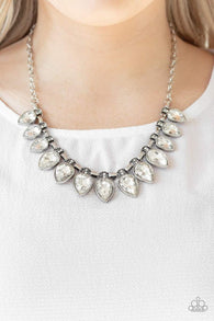 "Fearless is More" Silver Metal Clear/White Rhinestone Teardrops Necklace Set