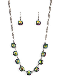 "Iridescent Icing" Silver Metal & Multi Rainbow Oil Spill Rhinestone Necklace Set