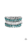 Paparazzi "Treasury Fund" Silver Metal Blue & Clear Marquise Rhinestone Elastic Ring