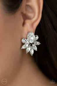 Paparazzi " Fearless Finesse " Silver Metal & Clear/White Rhinestone Cluster Clip-On Earrings