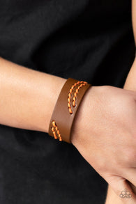 "Harmonic Horizons" Brown Leather & Orange Colored Embroidered Snap Bracelet