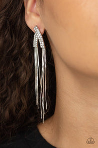 "It Takes Two To Tassel" Silver Metal & White Rhinestone Tassel Post Earrings