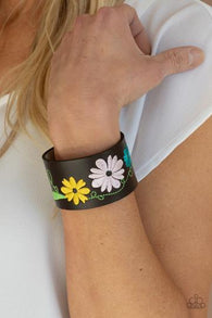 "Western Eden" Brown Leather Multicolored Embroidered Flower Snap Bracelet