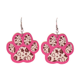 Adorable Animal Pet Paw Print 2D Laser Cut Wooden Earrings in Pink with Black Accent Icons