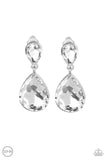 Paparazzi "Aim For The Megastars" Silver Metal White Rhinestone Teardrop Clip-On Earrings