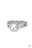 Paparazzi " Countess Charm " Silver Clear Rhinestone Square Dainty Halo Elastic Back Ring