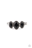 " Stone Shrine " Silver Metal & Black Crackle Marble Stone Cuff Bracelet