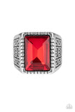 " Winning Attitude " Silver Metal Red Rhinestone Men's Elastic Back Ring