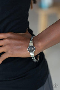 " Spirit Guide " Silver Metal & Black Stones Dainty Asymmetrical Cuff Bracelet