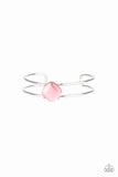 "Turn Up The Glow" Silver Metal & Pink Cat's Eye Stone Open Cuff Bracelet