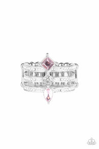 Paparazzi " Triple Throne Twinkle " Silver Metal Triple Pink Rhinestone Elastic Back Ring