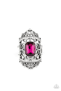 Paparazzi "Undefinable Dazzle" Silver Metal Pink Rhinestone Royality Elastic Back Ring